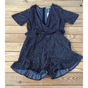 NWT L Love Patterned Ruffle Trim Romper Size Medium Women’s Black Tie Waist